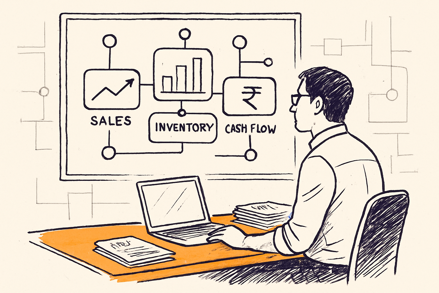Finance controller reviewing an AI-powered retail finance dashboard with sales and cash flow charts
