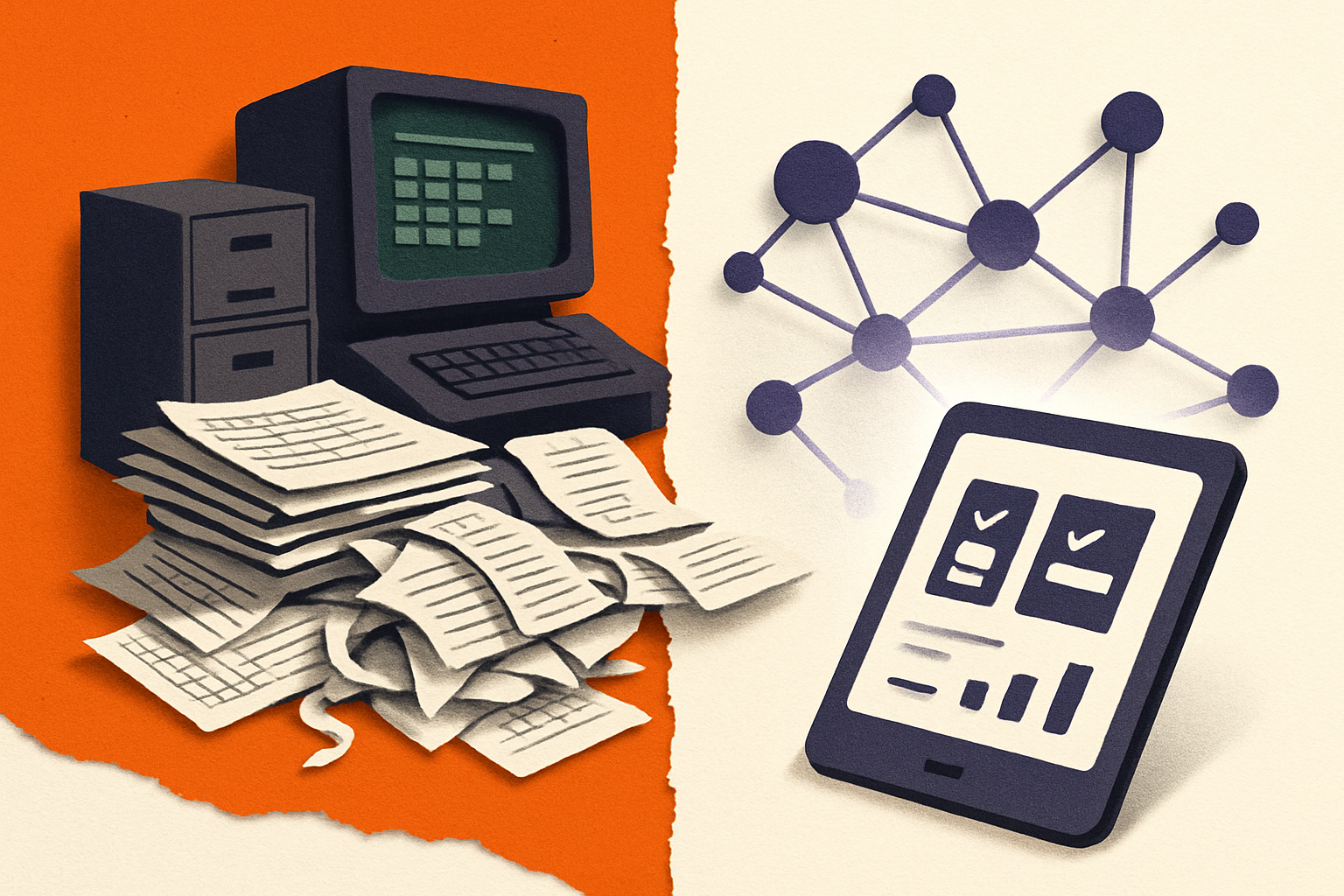 Illustration contrasting legacy finance systems with modern AI-integrated data pipelines