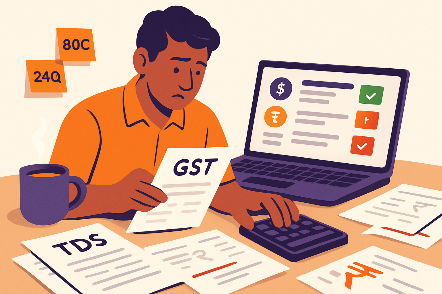 Desk scene showing GST and TDS paperwork being reconciled digitally with flagged discrepancies