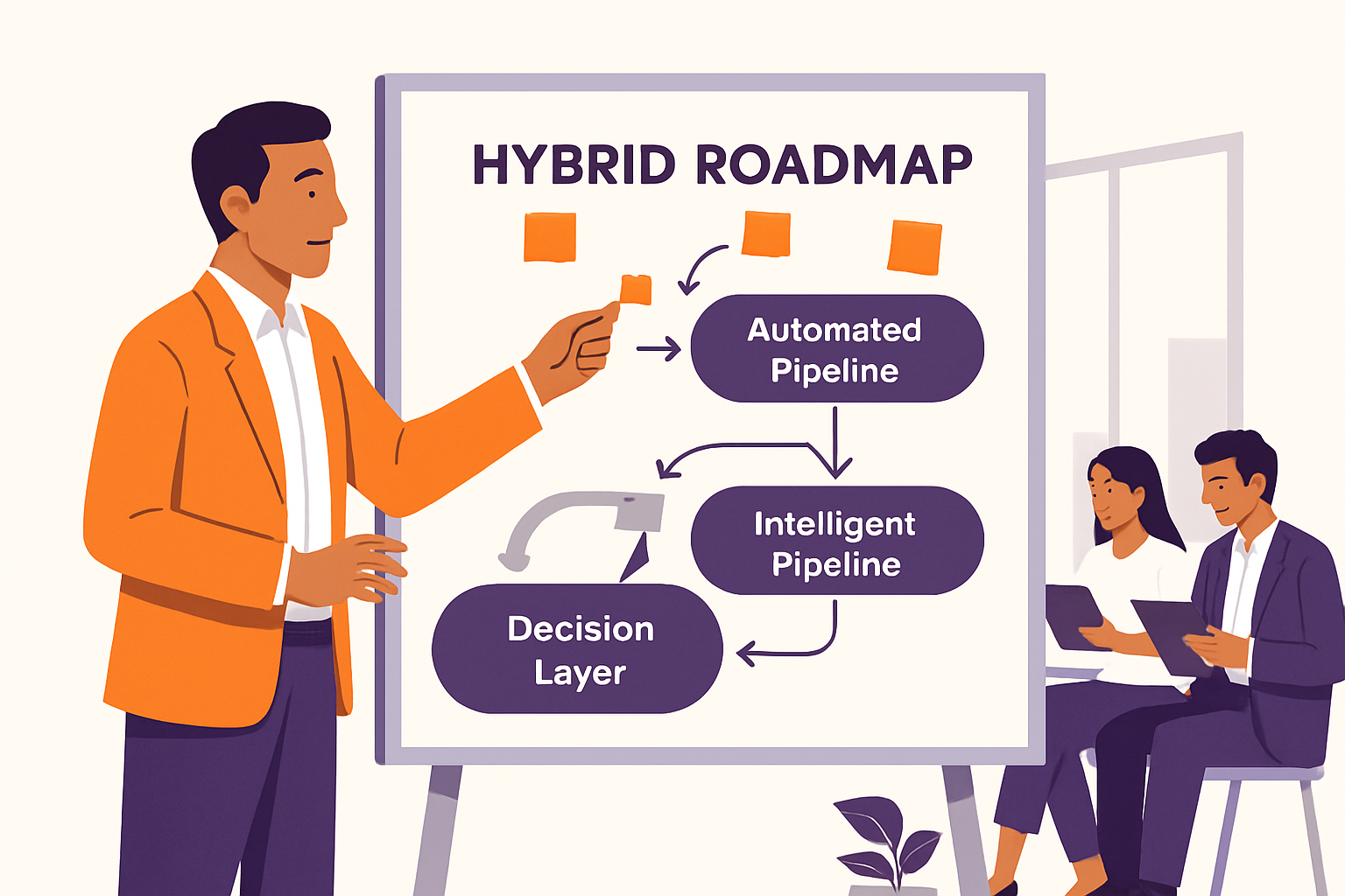 Finance leader mapping a phased hybrid AI and automation roadmap on a whiteboard