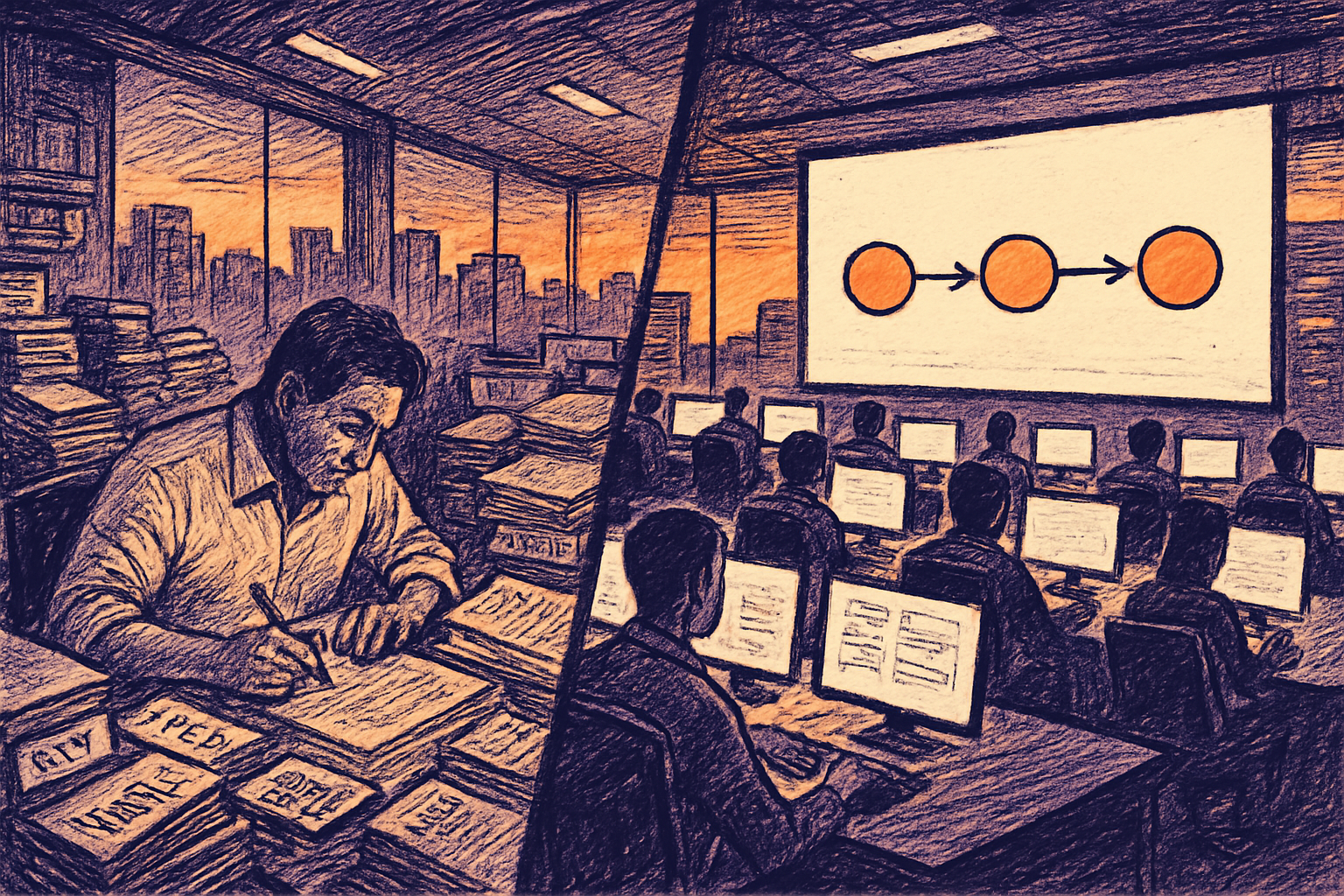 Finance shared services floor with analysts working across P2P, O2C and R2R process stations