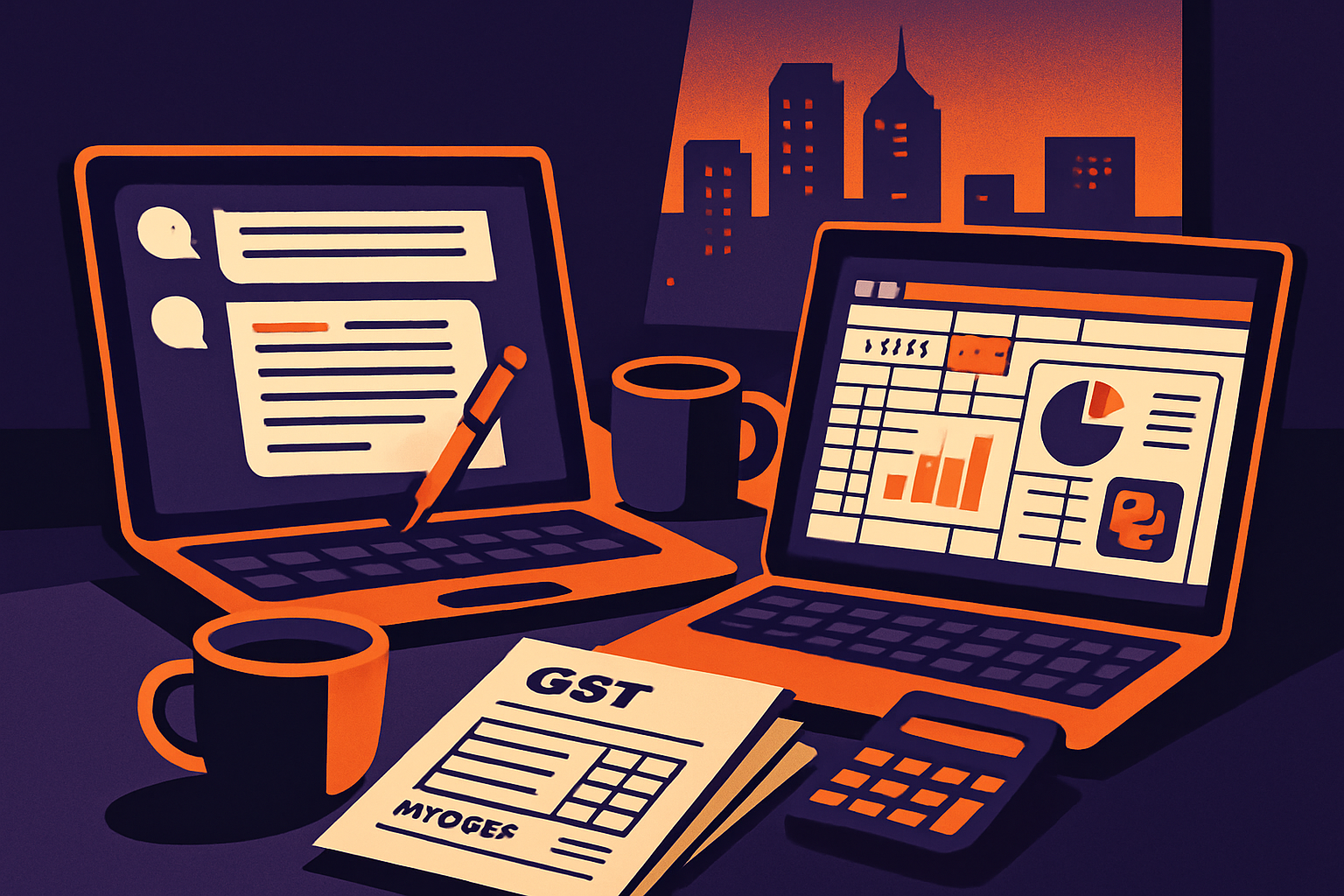 Two laptops on a CFO desk, one showing a written report and one showing a spreadsheet, symbolizing Claude vs ChatGPT use cases in finance