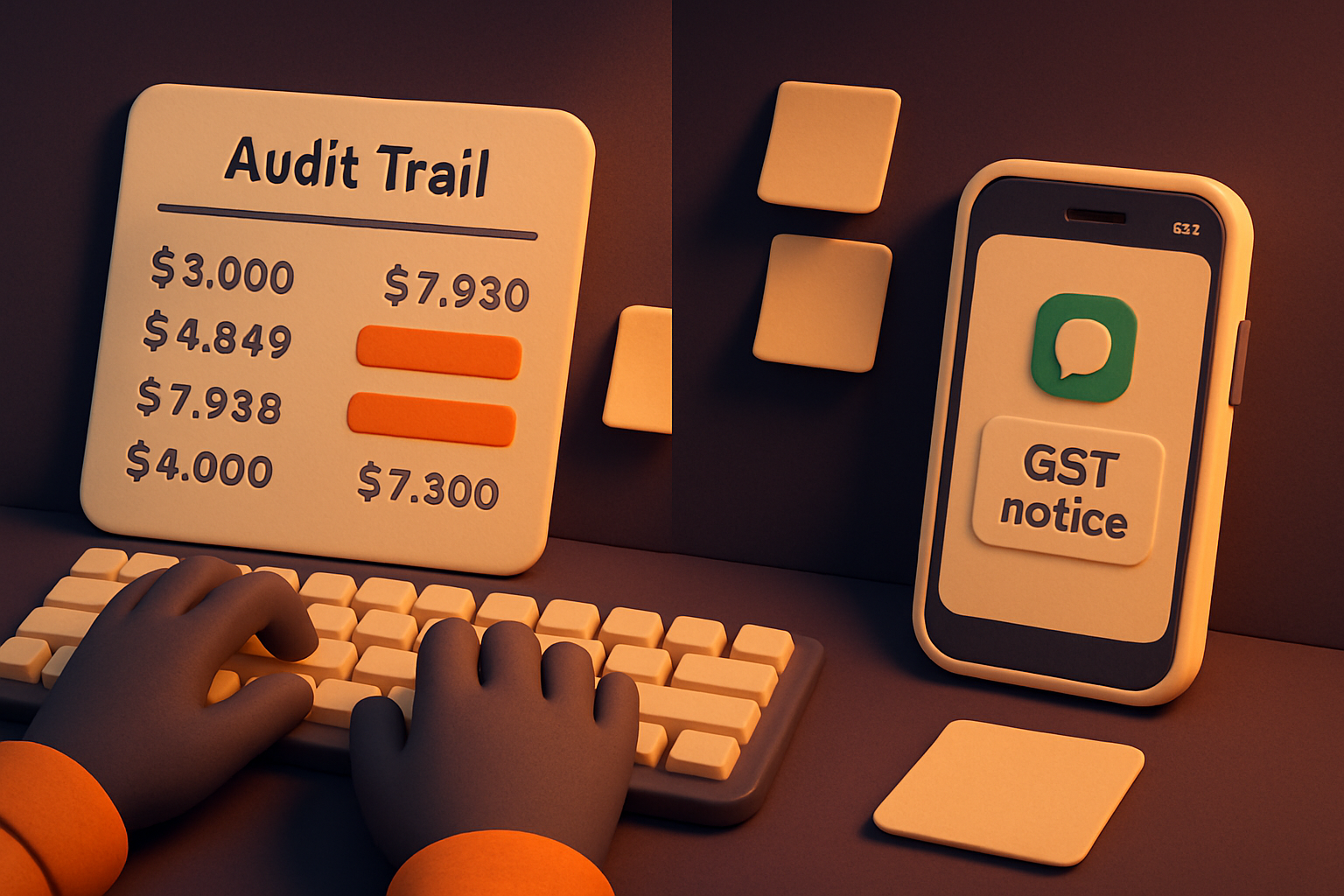 Finance controller reviewing an audit trail document alongside GST compliance notes on a cluttered desk