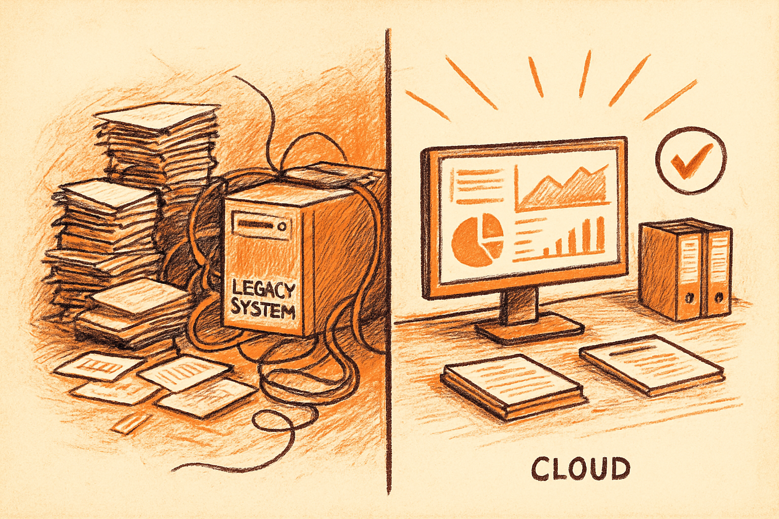 Before and after illustration of legacy fragmented finance systems versus a unified cloud reporting setup