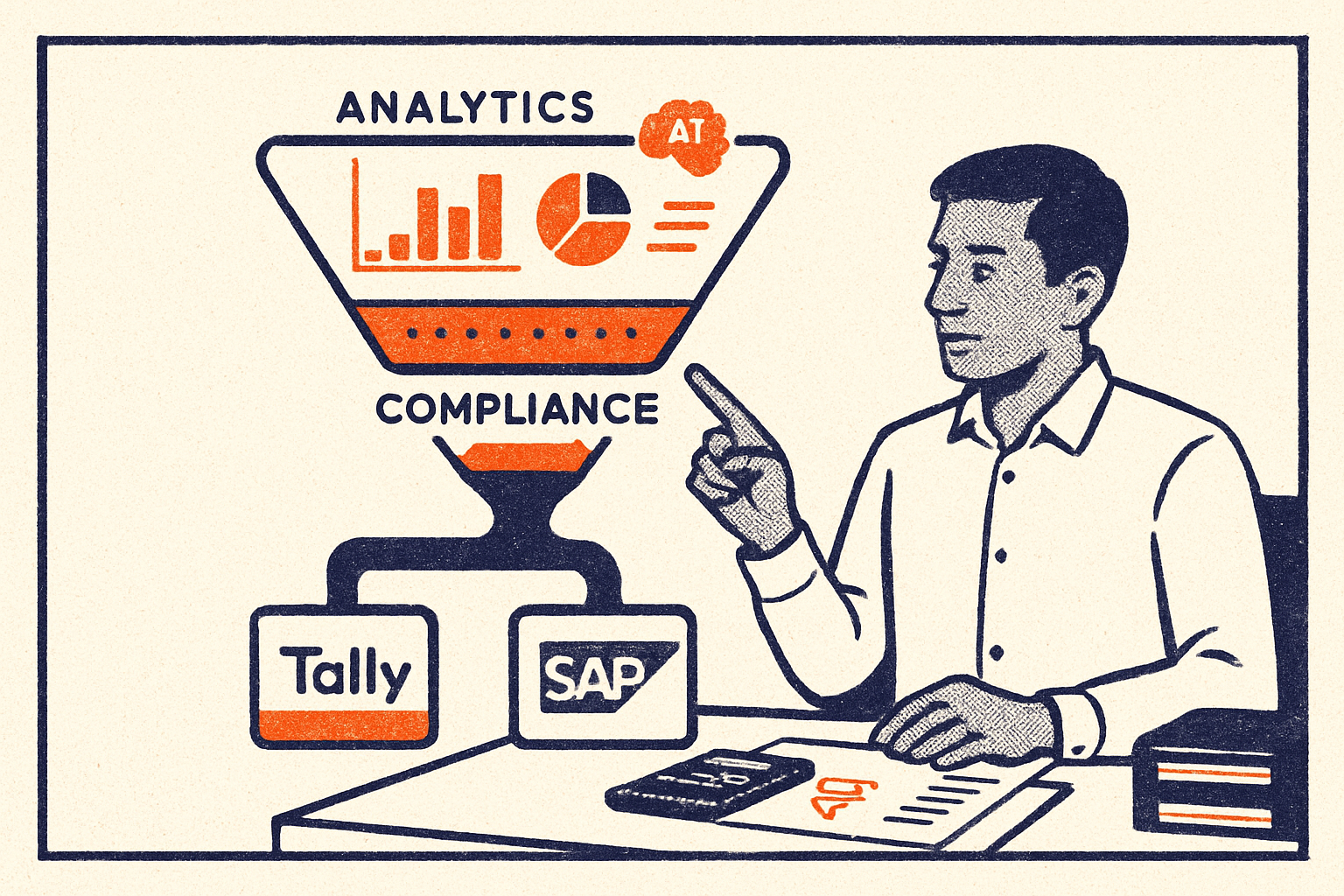 Holographic funnel diagram showing data flowing from ERP systems through a compliance layer into AI-ready analytics