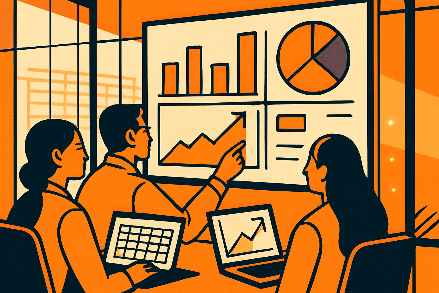 Finance team viewing a Power BI dashboard built from SAP data in a glass-walled office