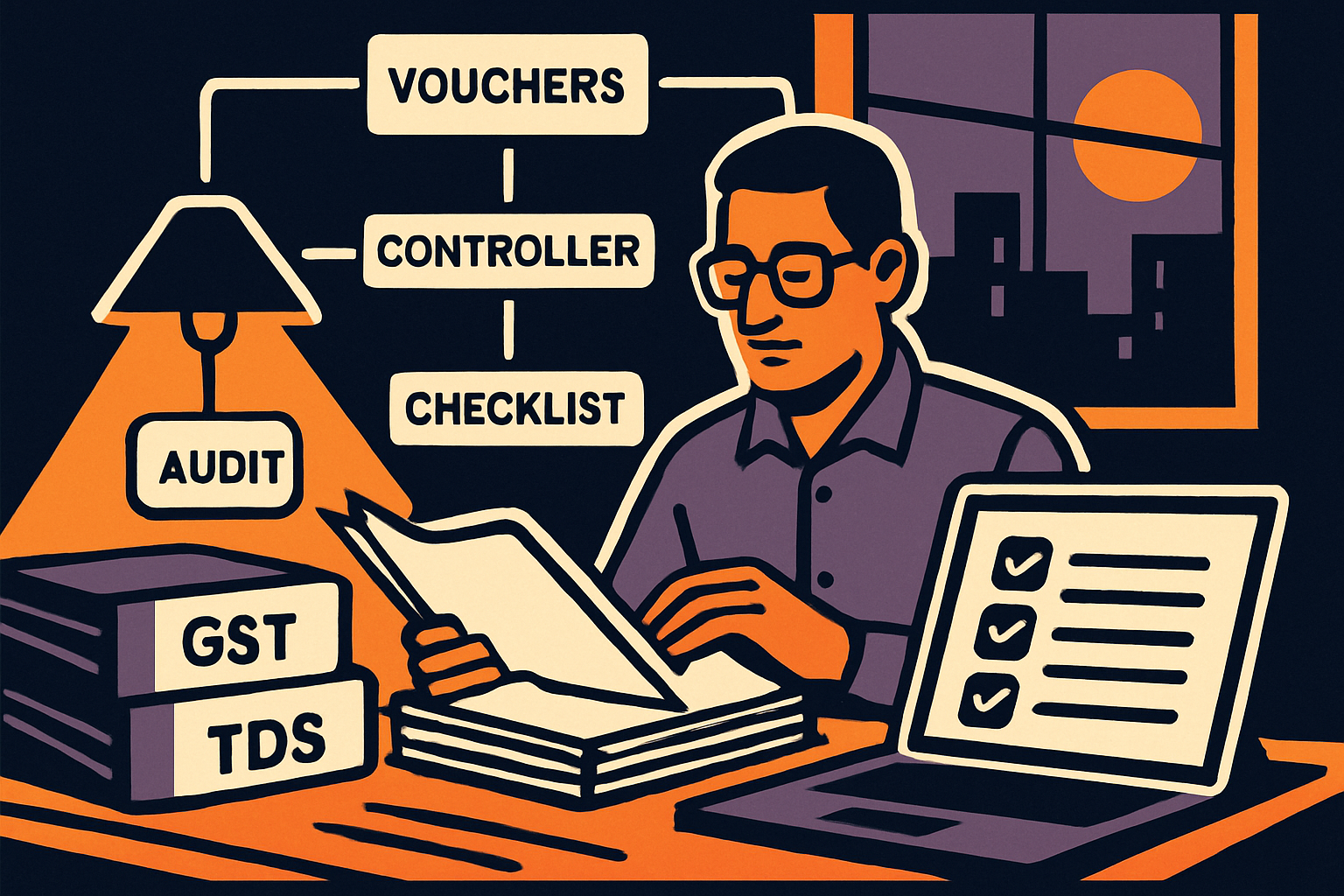 Finance controller reviewing internal control documentation alongside digital records
