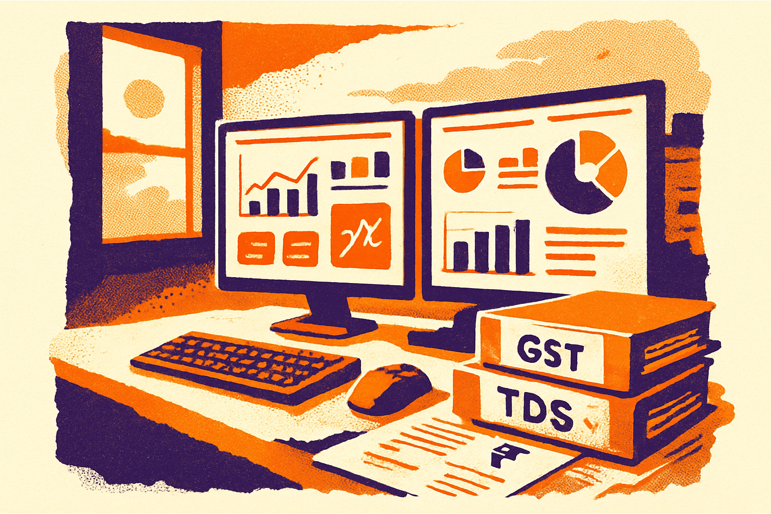 Finance controller reviewing a Power BI MIS dashboard alongside GST and TDS compliance folders