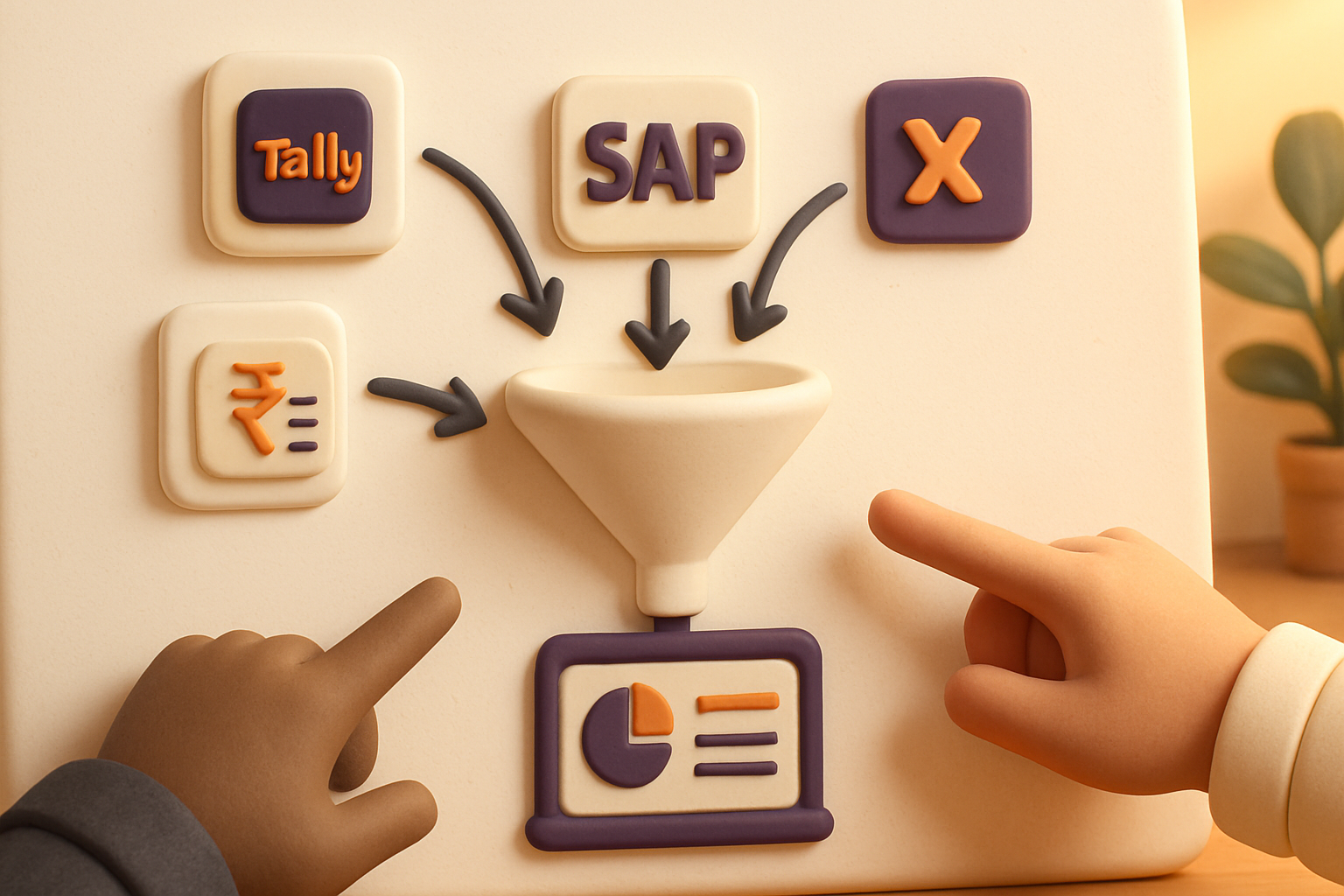 Whiteboard diagram showing disparate finance systems being integrated into a single Power BI data model