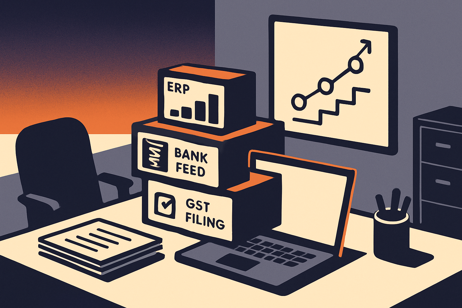 CFO desk showing layered finance technology dashboards representing a phased tech stack