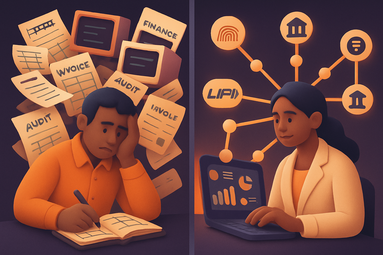 Illustration of data silos versus connected finance systems using India Stack style APIs