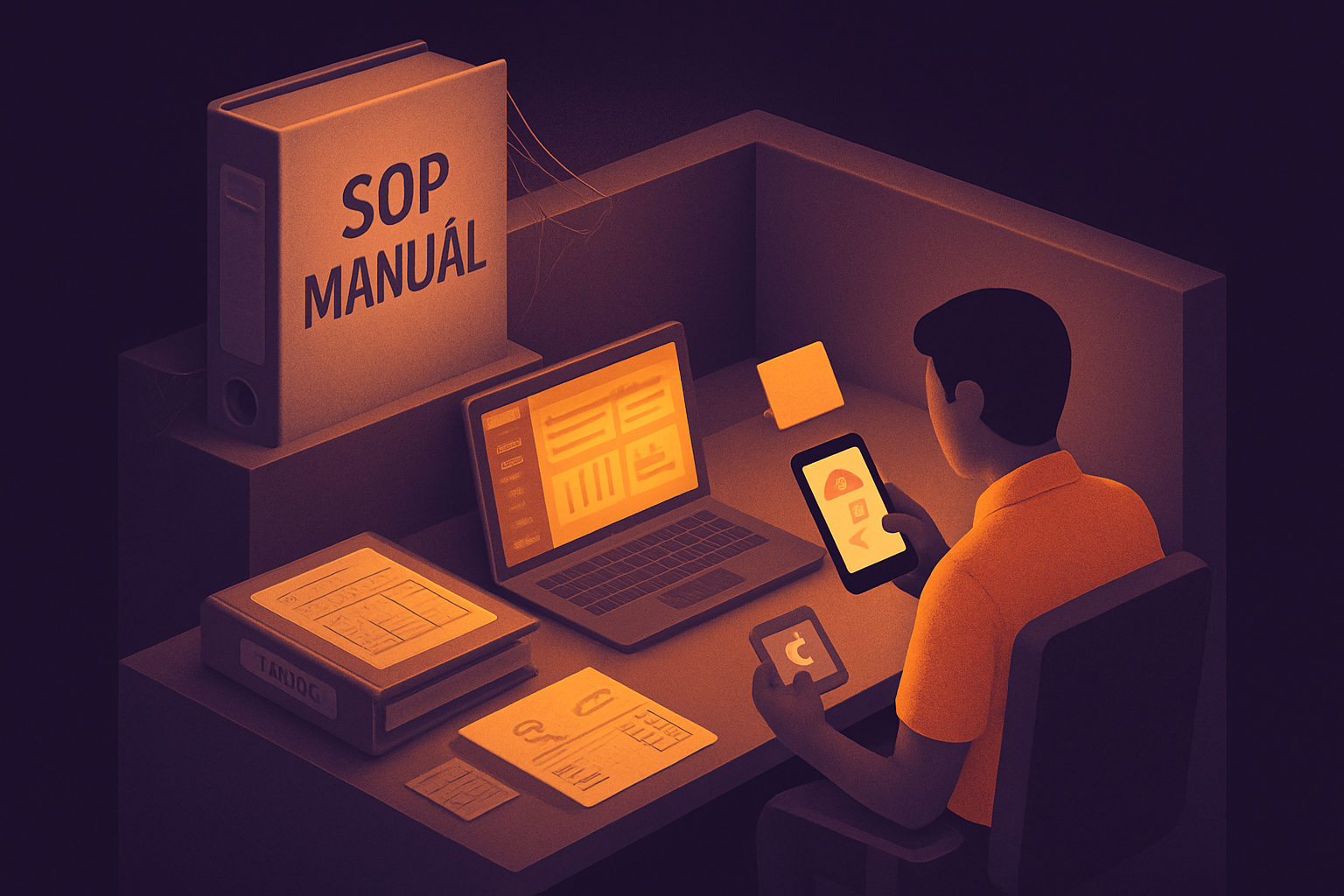 An unused SOP binder gathering dust while an employee follows informal instructions instead
