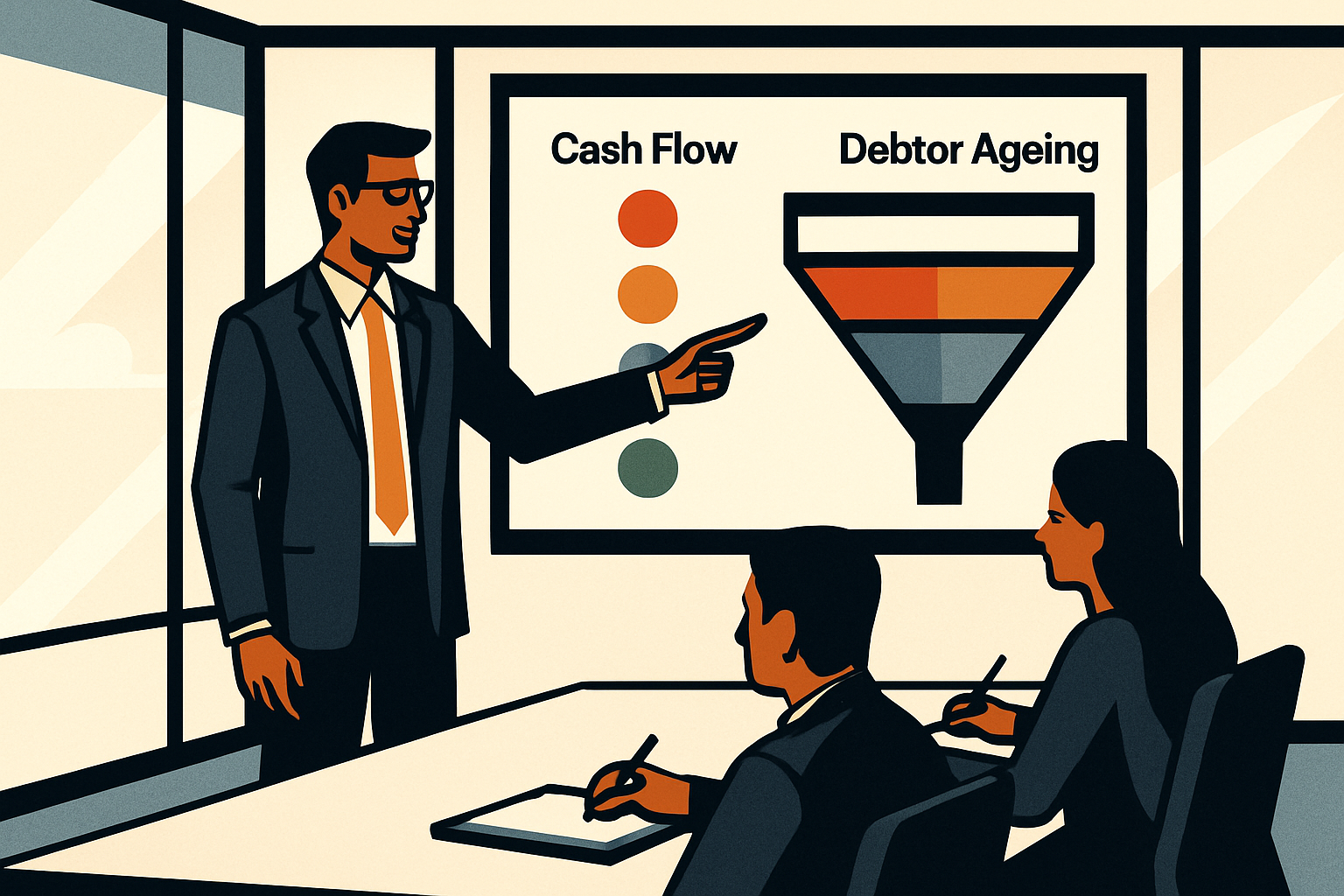 CFO presenting a cash flow and debtor ageing dashboard to finance team